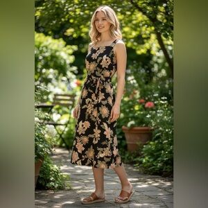 Who What Wear Batic Floral Dress Sleeveless Black Belted Linen Blend L